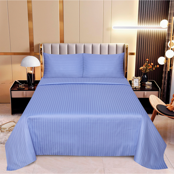 Blue Serenity –Premium Striped Cotton Satin Bedsheet Set