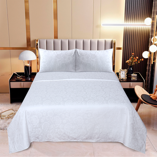 Pure Blossom – White Floral Cotton Satin Bedsheet Set