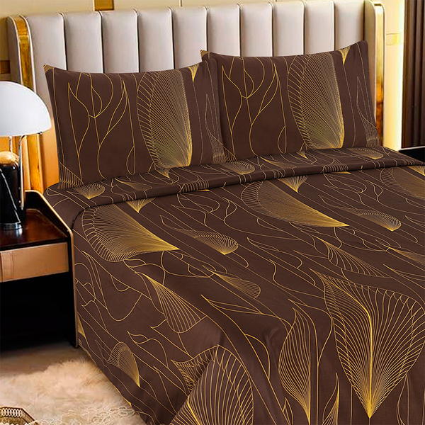 Brown Elegance – Yellow Leaf Cotton Satin Bedsheet Set