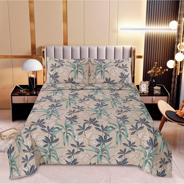 Botanic Bliss –Printed  Cotton Satin With Stripes  Bedsheet Set